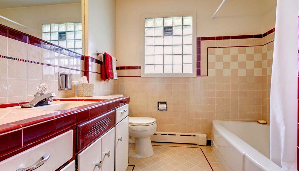 Old Bathroom Vanity Cabinet and Glass Block Window