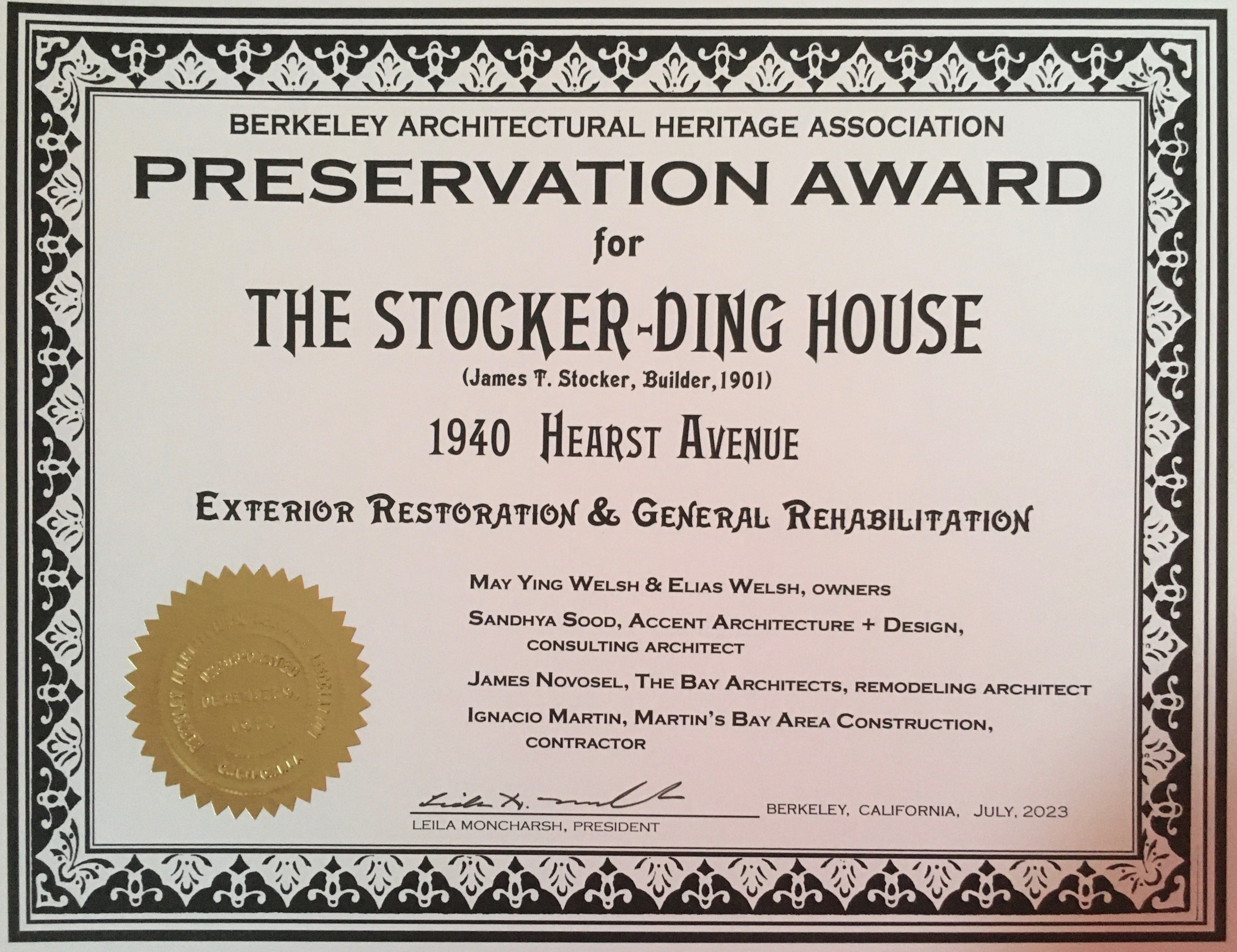 Preservation Award for The Stocker- Ding House